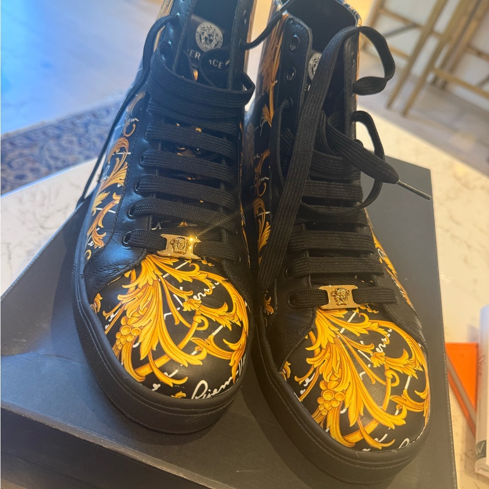 Versace Black and Gold Baroque High-Top Sneakers